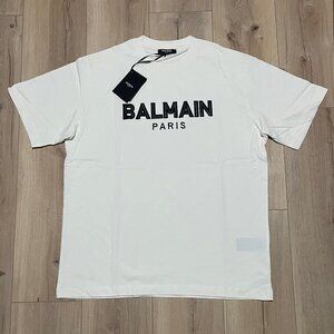 LARGE RELAXED FIT BALMAIN MEN`S CREAM COTTON T-SHIRT CREW NECK SHORT SLEEVE